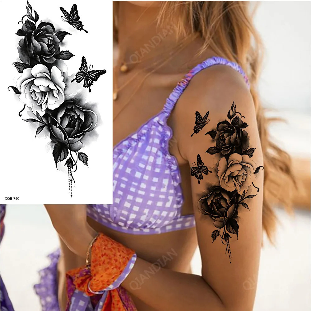 Black Flower Waterproof Temporary Tattoo Sticker Beauty Butterfly Rose for Women 3D Flash Body Arm Art Washable Tattoos 241230