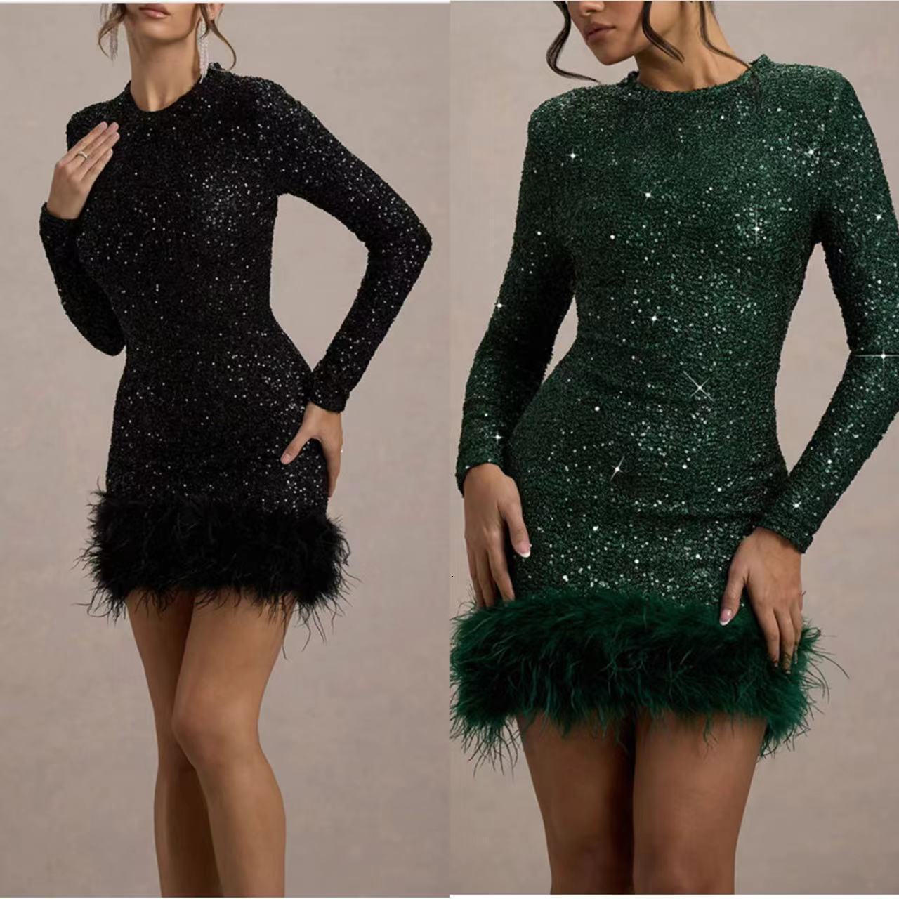 Womens Dress Long Sleeved Solid Color Sequin Feather Dress Round Neck for Women