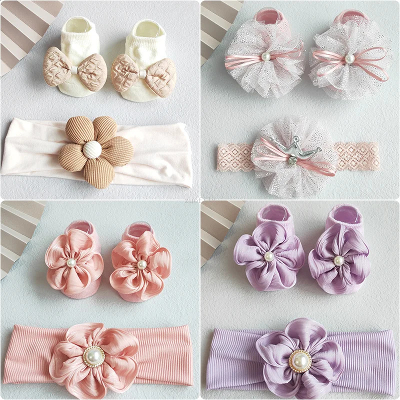 2PcsSet Lace Flower Baby Girl Headband Socks Set Kids Bow Hair Bands born Boat Sweet Princess Elastic Accessories 241230