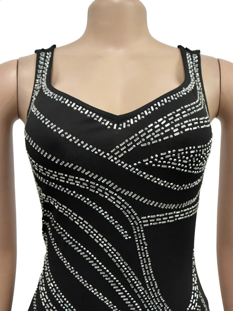 Beyprern Womens Rhinestone Decorative Leg Seam Maxi Dress Glam Sleeveless Diamond Ultra Thin Party Club Dress Birthday Set Vestidos 241231