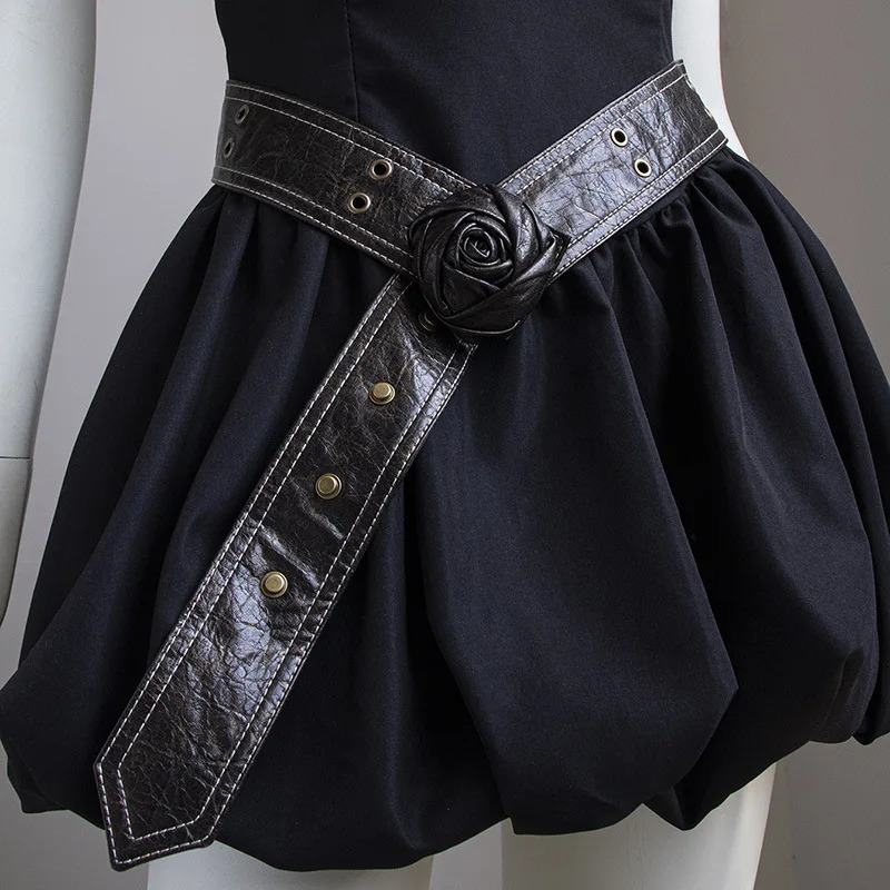 Vintage Black Rose Wide For Women Fashion Personality Coat Waist Cover Belt Y2k Style 241231