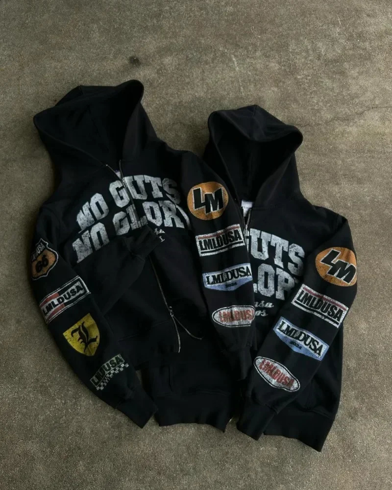 American Retro Hoodie Y2K Alphabet Printing Casual Super Big Brother Special Zipper Hoodie Casual Loose Sweatshirt 241230