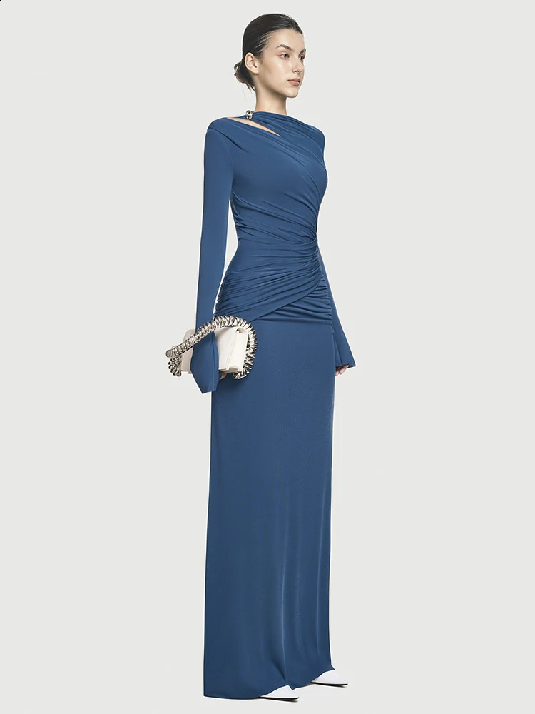 DEAT Elegant Dress Hollow Asymmetric Fold Splicing Solid Color Womens Evening Dress 2025 Spring Trendy 35Z1623 241231