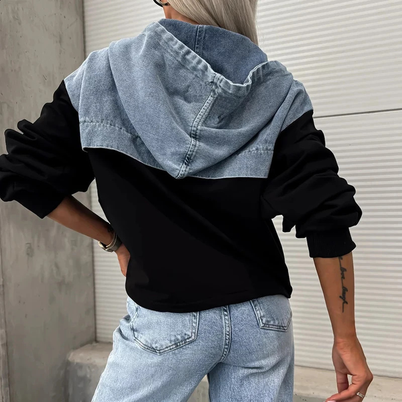 Elegant Women Drawstring Hooded Sweatshirt 2024 Fashion Stitching Denim Female Hoodie Ins High Street Jeans Long Sleeve Shirt 241231