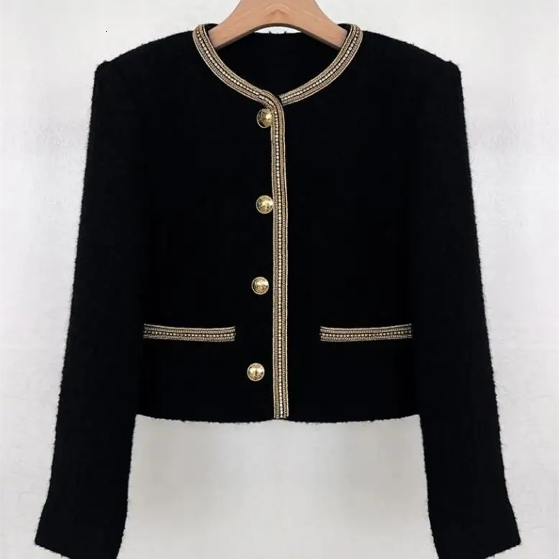 Autumn Womens French Tweed Coat Gold Button Diamond Trim O-Neck Single Breasted Ladies Long Sleeve Short Jacket 241230
