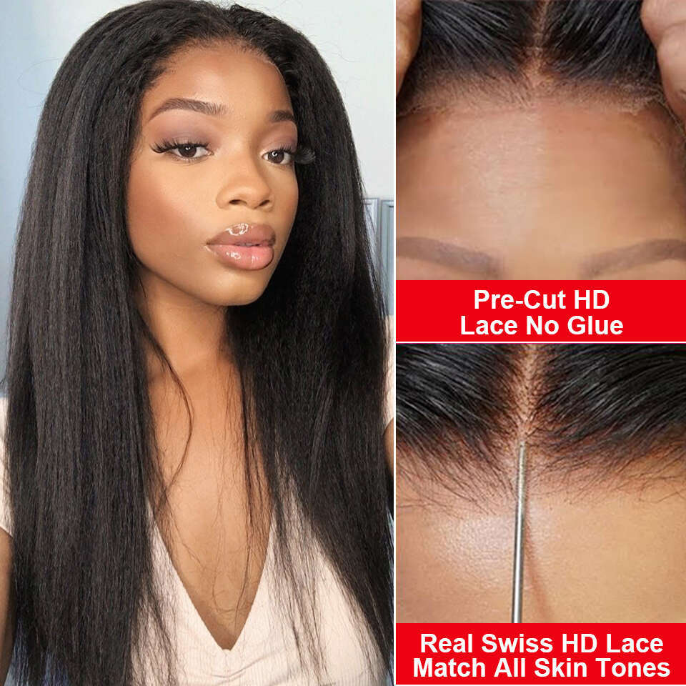 Yaki Kinky Straight Glueless Wig Human Hair Ready To Wear And Go Preplucked 13X6 HD Lace Frontal Wigs For Women