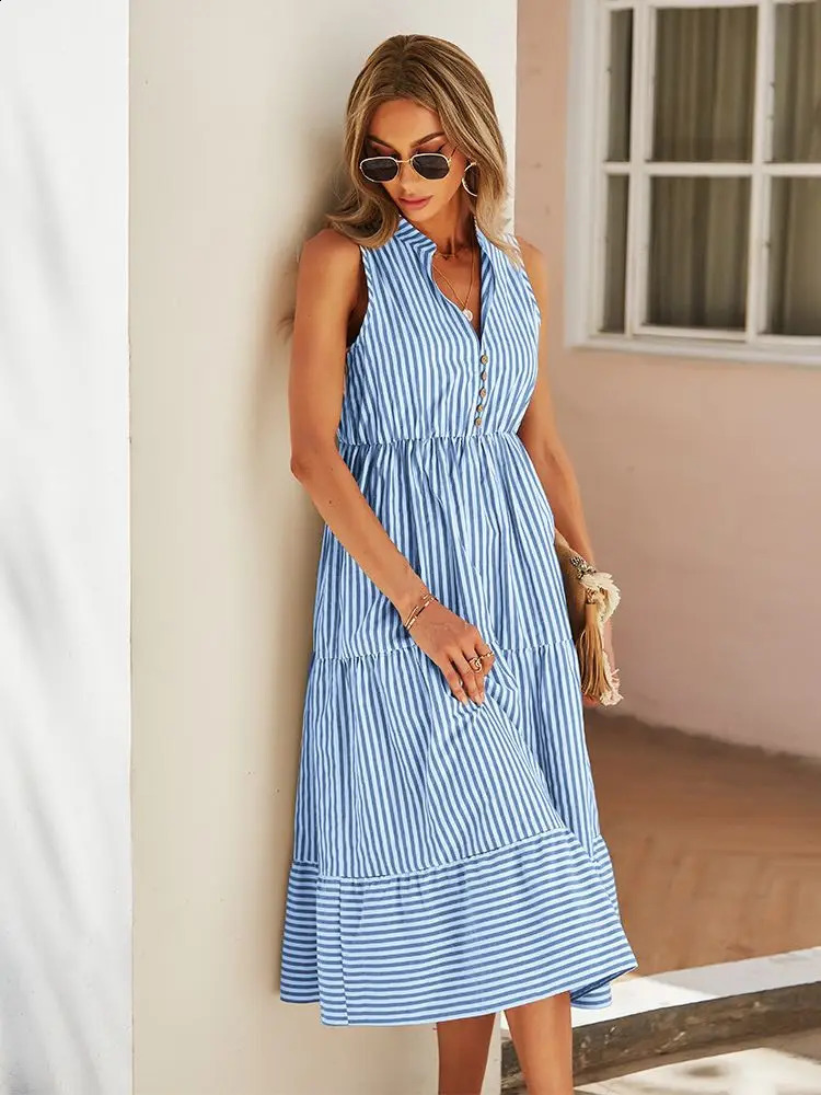 Womens Retro Bohemian Summer Dress Womens Sleeveless Casual Holiday Striped Shirt Womens Sundress Dress Womens Robe Vest 241231