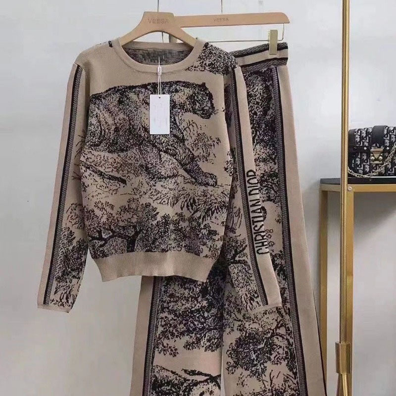 2 Piece suit Women Autumn Designer Clothes Tie Dye Tiger Embroidery Pullover Top High Waist Rope Wide Leg Pants Suit