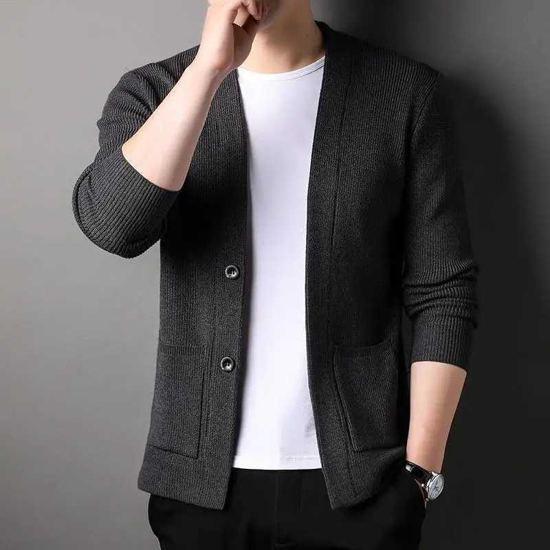 Spring/Autumn New Knitted Open Knitted Woolen Sweater Mens Korean Edition Trend Outward Sweater for Young Middle aged and Elderly Simple Casual Jacket