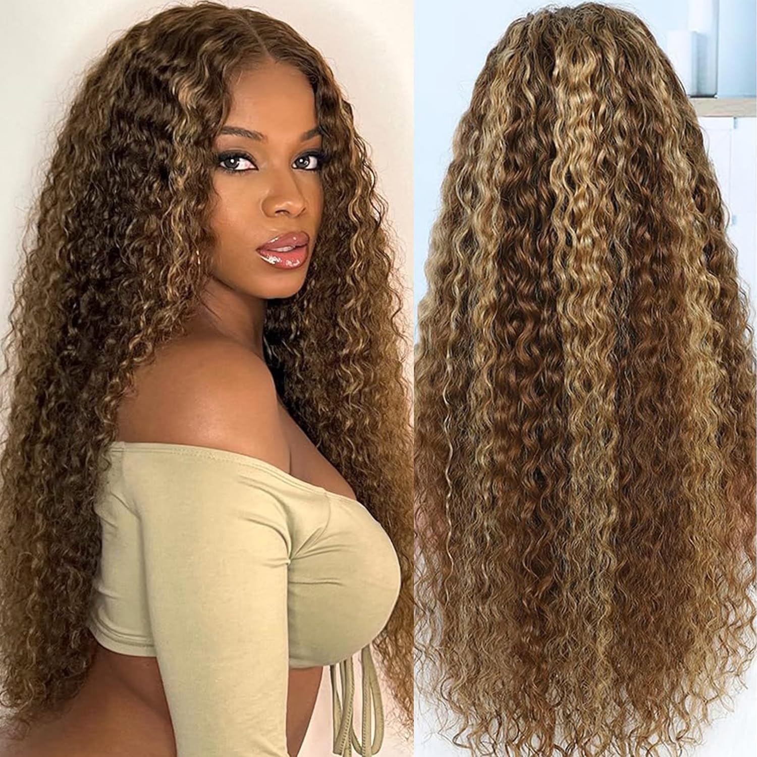 Piano Blonde Lace Hair Wig 100% Real Human Hair Wigs 30 Inch Wet And Wavy 13x4 Kinky Curly Lace Front Wigs Transparent 280 Density Glueless Body Wave 