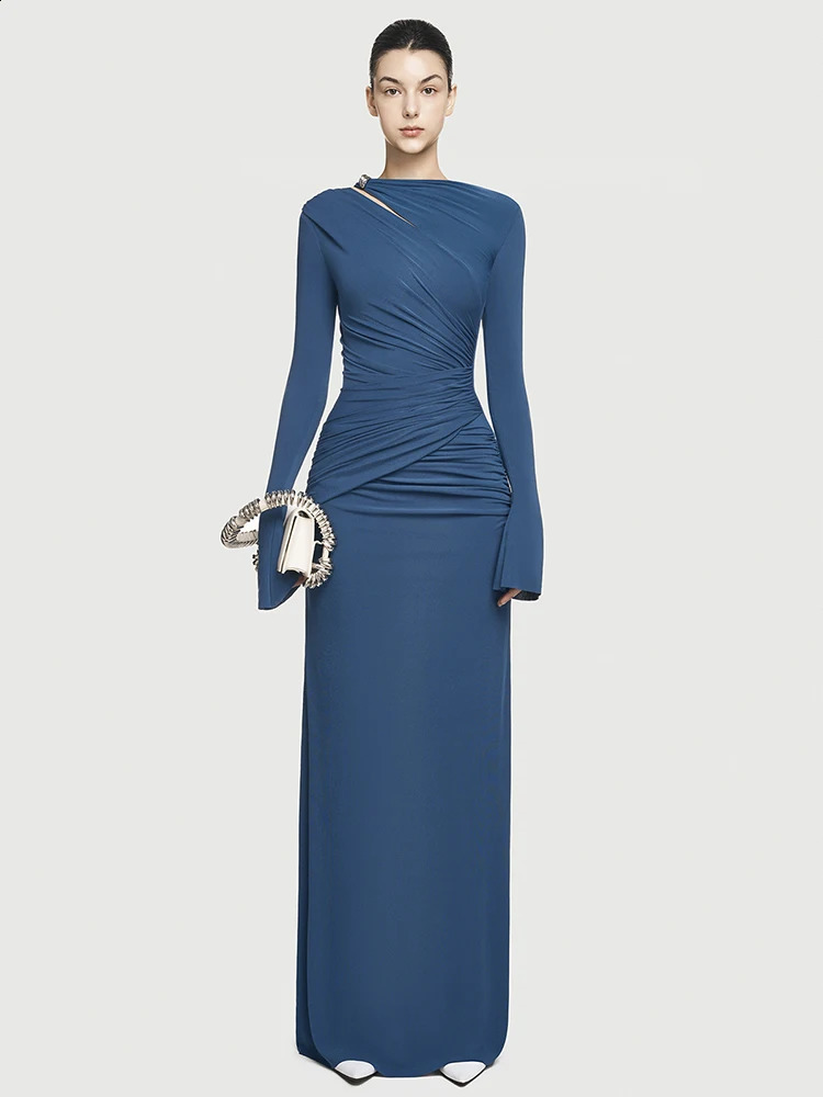 DEAT Elegant Dress Hollow Asymmetric Fold Splicing Solid Color Womens Evening Dress 2025 Spring Trendy 35Z1623 241231
