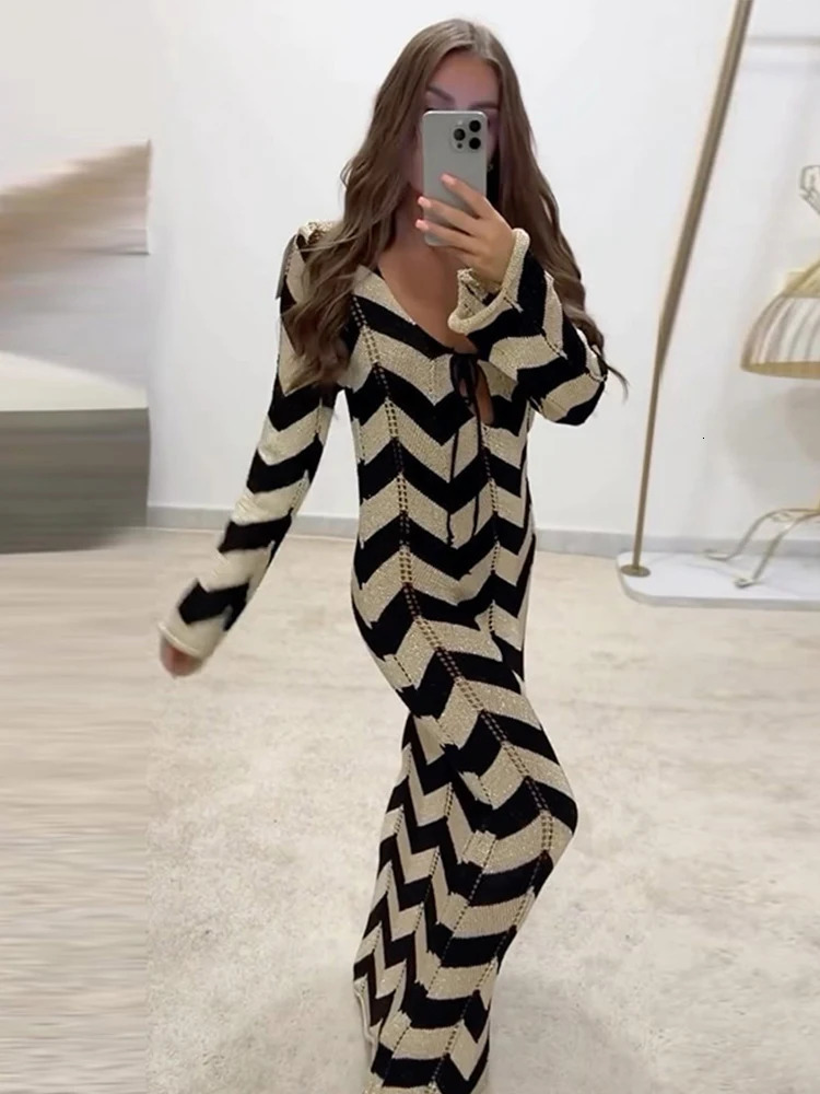 Striped Knitted Women Dresses Long Sleeve Lace Up Maxi Beach Dress For Woman Slim Knitting Hollow Out Square Neck Robes 241231