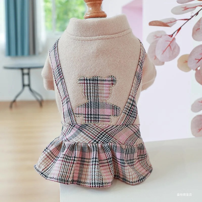 Pet Clothes Cat Autumn/Winter Thick Bear Hug Pink Plaid Princess Dress Suitable for Small and Medium Dogs