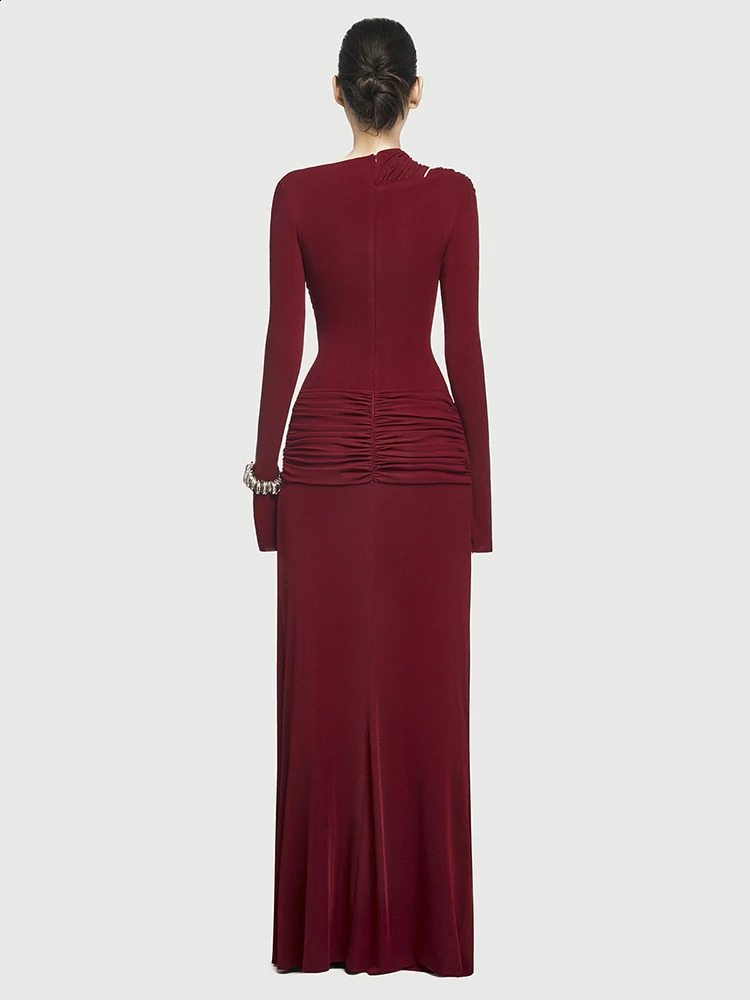 DEAT Elegant Dress Hollow Asymmetric Fold Splicing Solid Color Womens Evening Dress 2025 Spring Trendy 35Z1623 241231