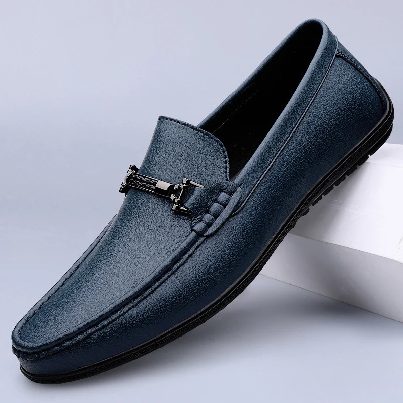 Metal Buckle Blue Loafers Genuine Leather Mens Slip on Shoes Comfortable Men Casual Shoes Male Driving Footwear Breathable Mens 250102