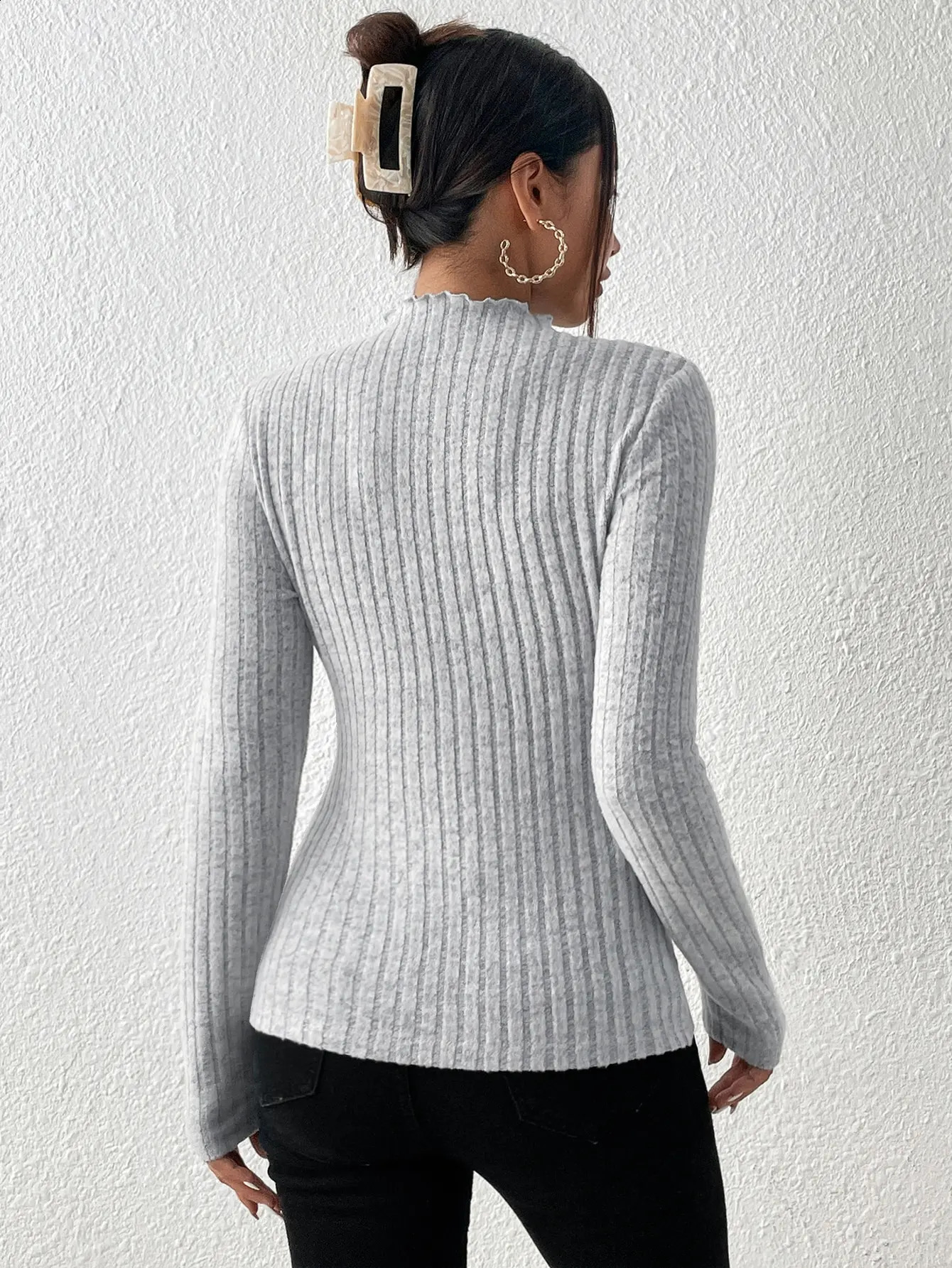 Fashion Slim Ruffle Neck Knit Long Sleeve Top Lace MidCollar Womens Striped Bottom Shirt Autumn and Winter Casual Sweater 241231