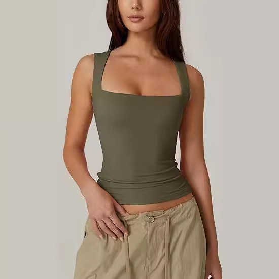 2024 New Summer Womens Square Neck Sleeveless Double Layer Tank Top Basic Tight T-shirt