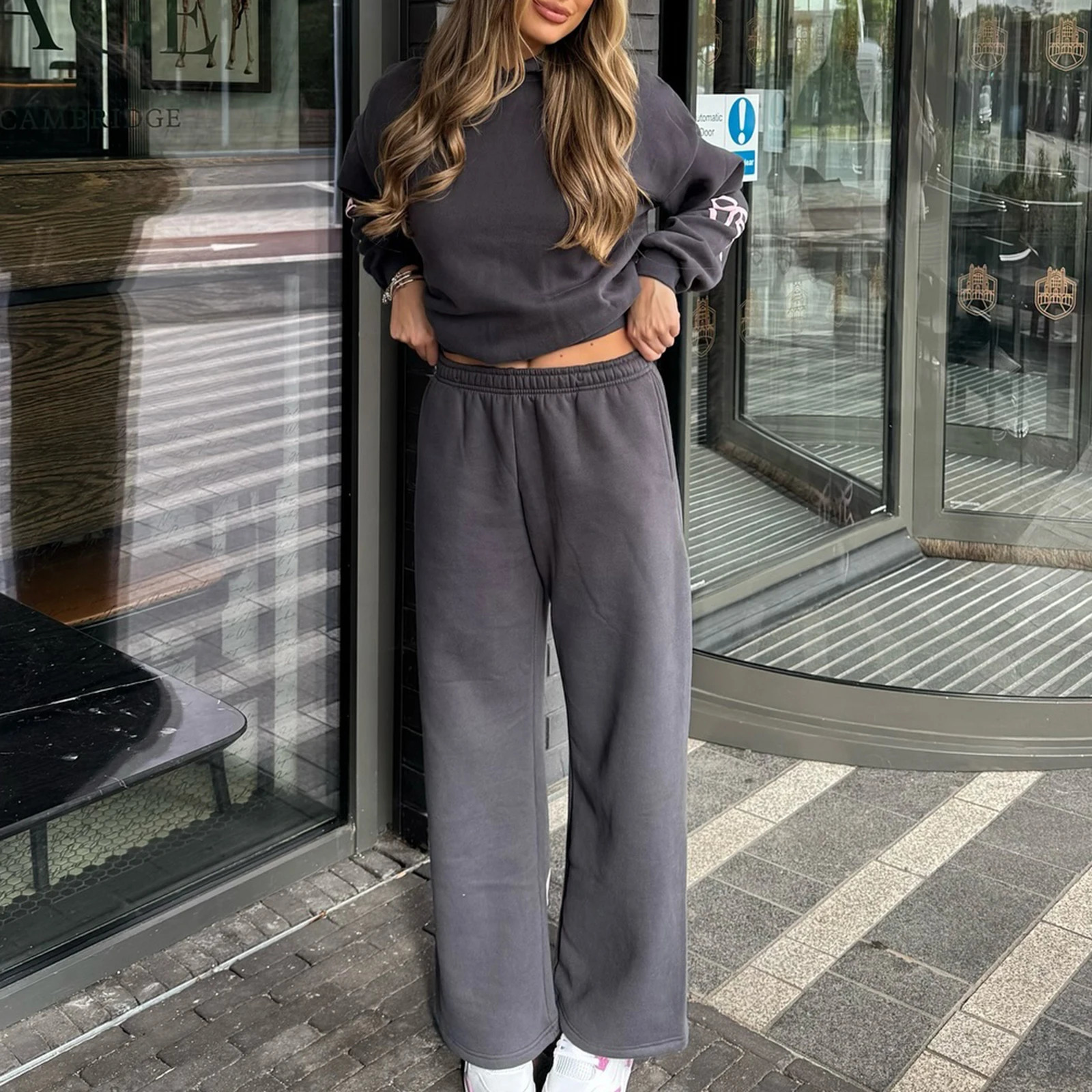 Imcute Bow Print Sweat Set for Women Two Piece Tracksuit Long Sleeve Oversized Hoodie Wide Leg Sweatpants 2 Piece Outfits 250102