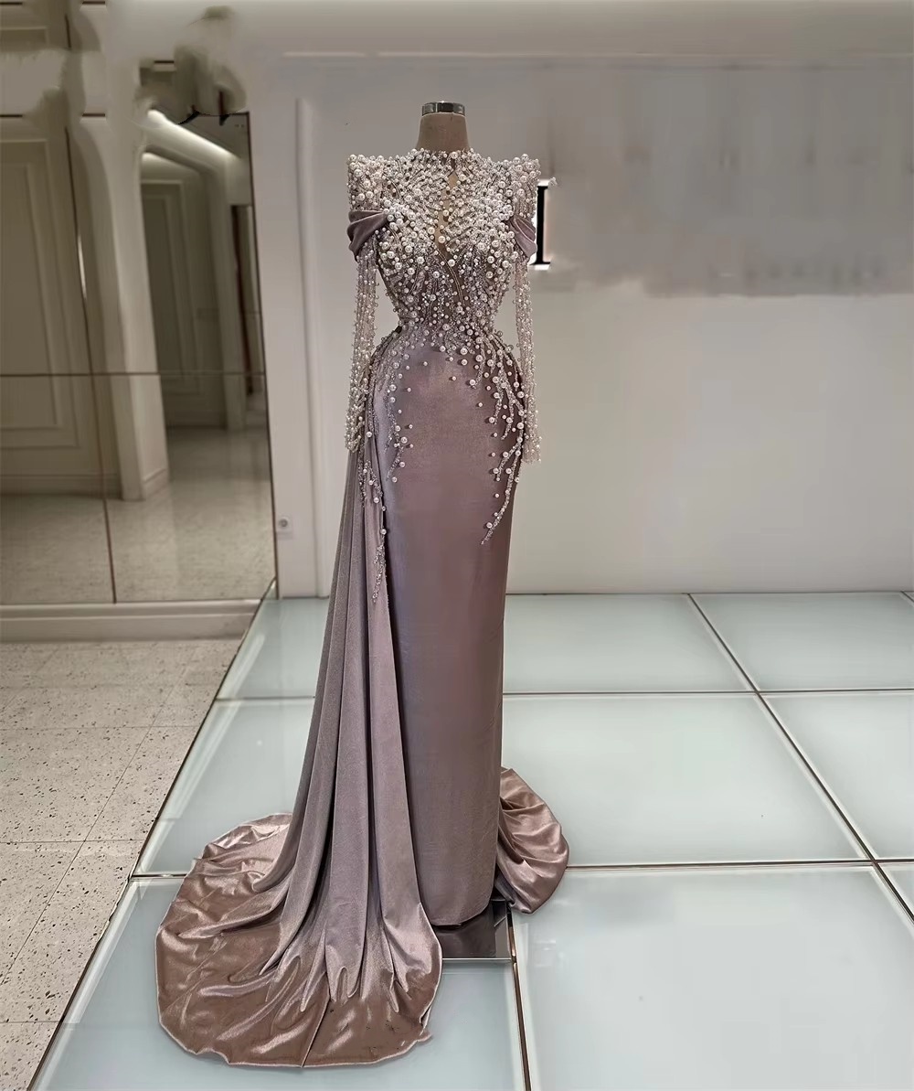 Evening Dresses For Women High Collar Long Sleeves Gown Sequins Pearls Ruffles Sweep Train Customized Dress Party