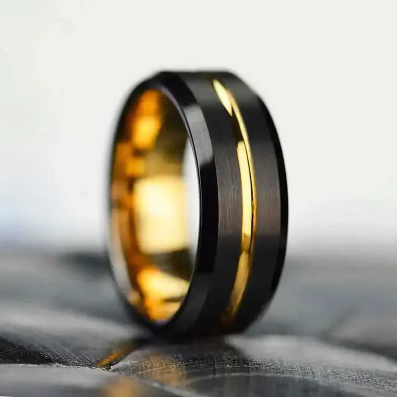 Fashionable 8MM mens gold groove stainless steel ring black brushed engagement ring womens wedding anniversary jewelry W250102