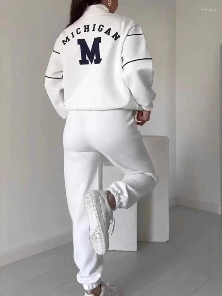 Womens Two Piece Pants Sets Women Pant Set Zipper Tracksuit Jogger Loose Sweatshirts Print Letter Elastic Waist Long Autumn Winter