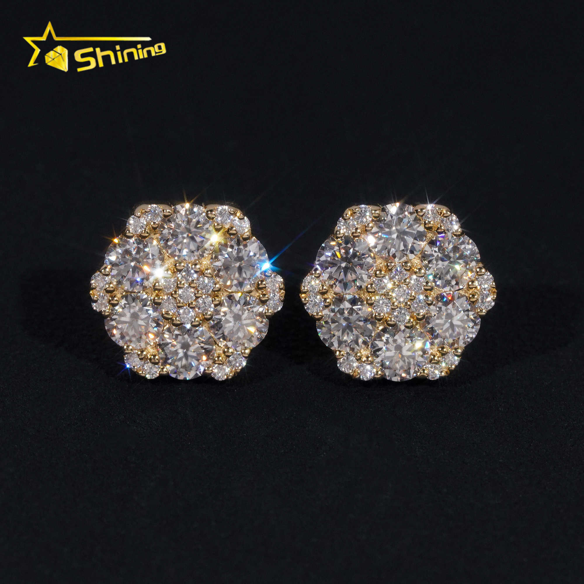 Fine Jewelry Flower Design Screw Back Ear Studs Iced Out 925 Sterling Silver Gold Plated Moissanite Stud Earrings Ready To Ship