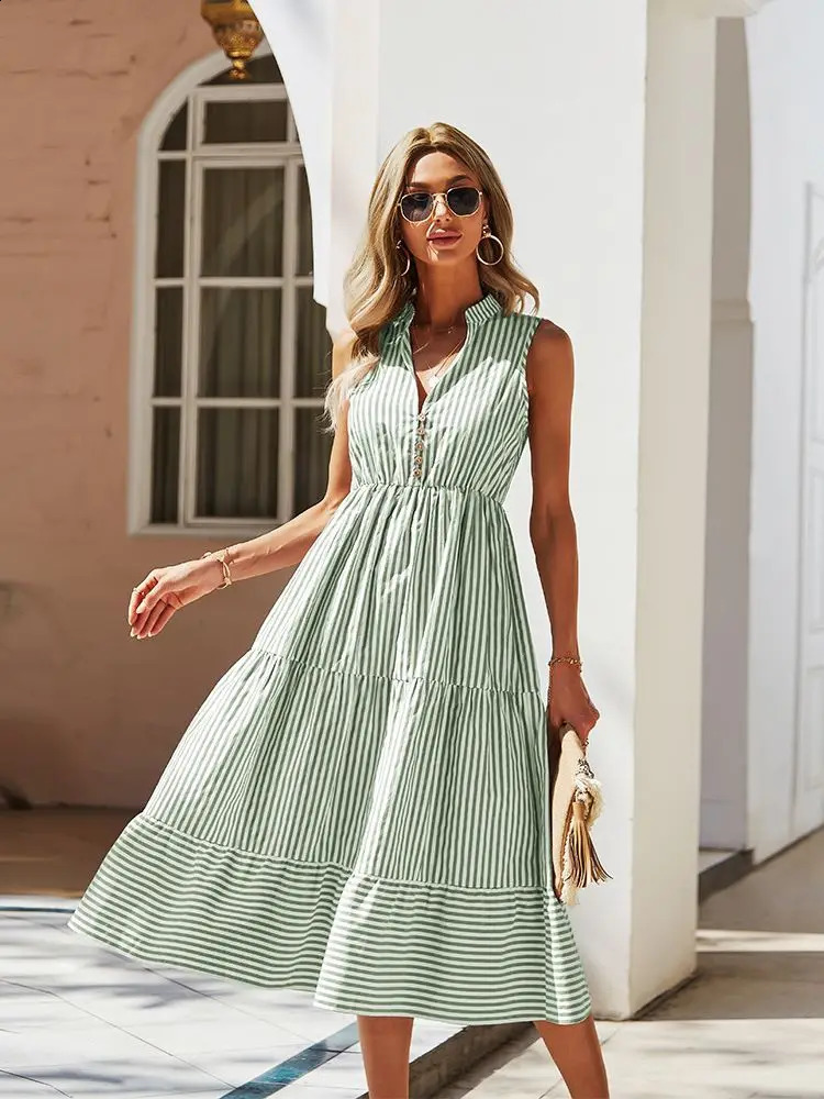 Womens Retro Bohemian Summer Dress Womens Sleeveless Casual Holiday Striped Shirt Womens Sundress Dress Womens Robe Vest 241231