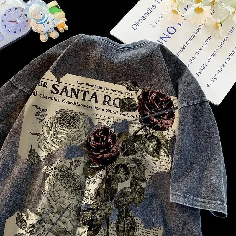 American retro T-shirt washed and worn short sleeved men and women heavyweight top summer oversized loose half sleeved clothes 241231