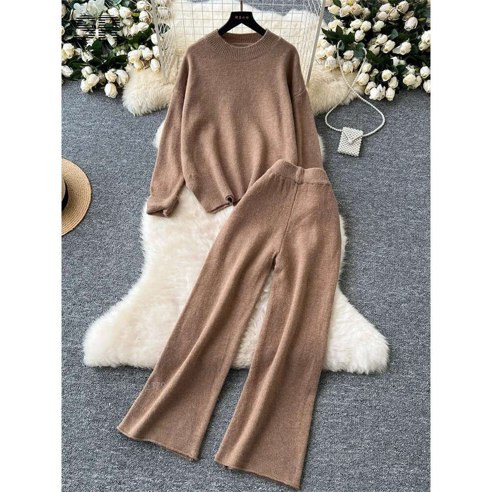 SINGREENY Fashion Split Cashmere 2piece Womens Oneck ZipperWide Leg Pants Autumn Thick Casual Knitted Set 241009