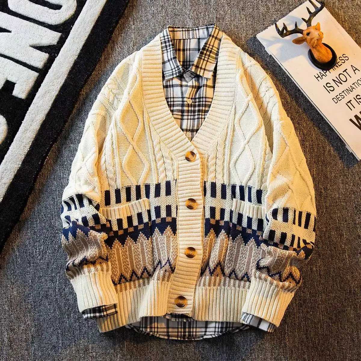 High Quality Spring cardigan mens latte art hip-hop streetwear loose knit Harajuku knit sweater jacket T250102