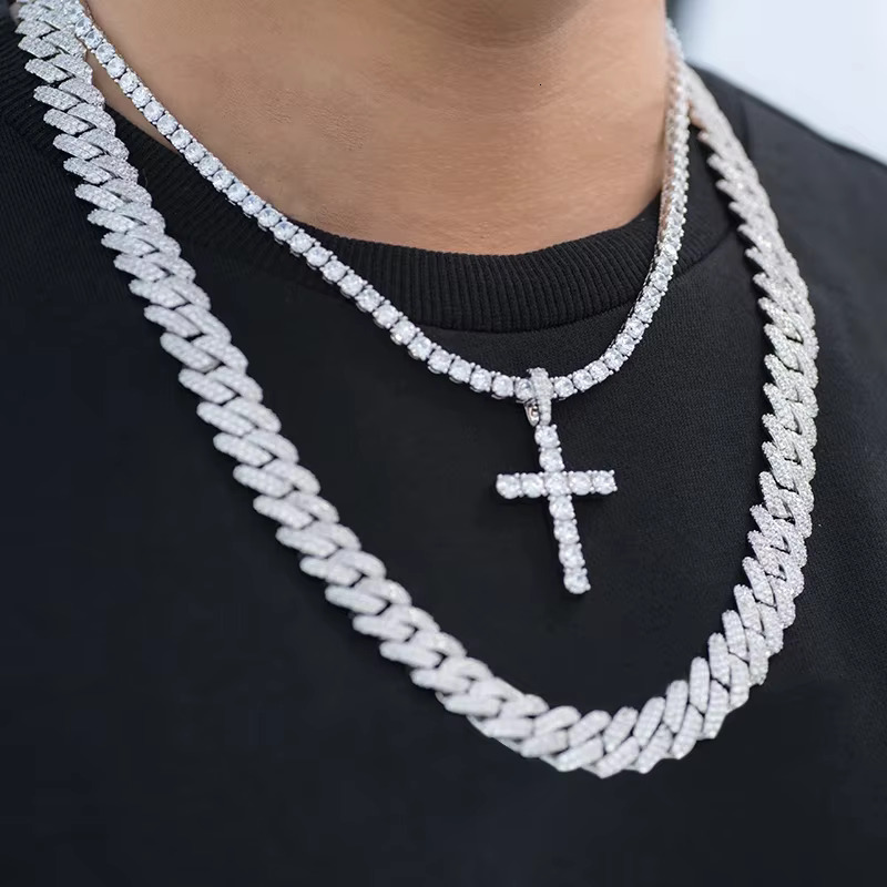 Iced Out 13mm Mens Miami k Necklace Hip Hop Lad Dia Bg Prong Cuban Chain