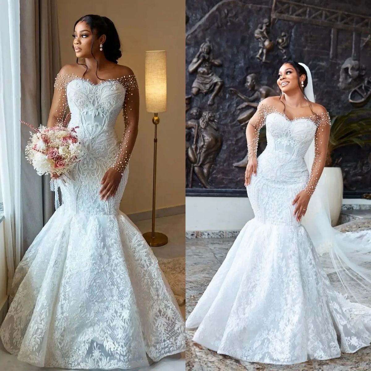 Mermaid Wedding Dress Sweetheart Neck Long Sleeve Sequins Pearls Sweep Train Custom 2024 Bridal Gown