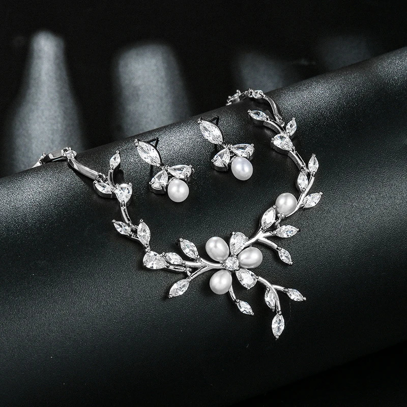 WEIMANJINGDIAN Floral Cubic Zirconia Shell Pearl Bridal Wedding Jewelry Necklace and Earring Set 241231 Z260313