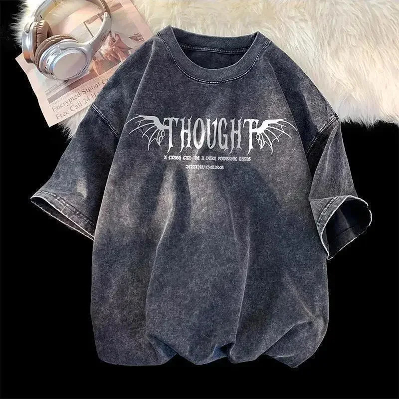 American retro T-shirt washed and worn short sleeved men and women heavyweight top summer oversized loose half sleeved clothes 241231