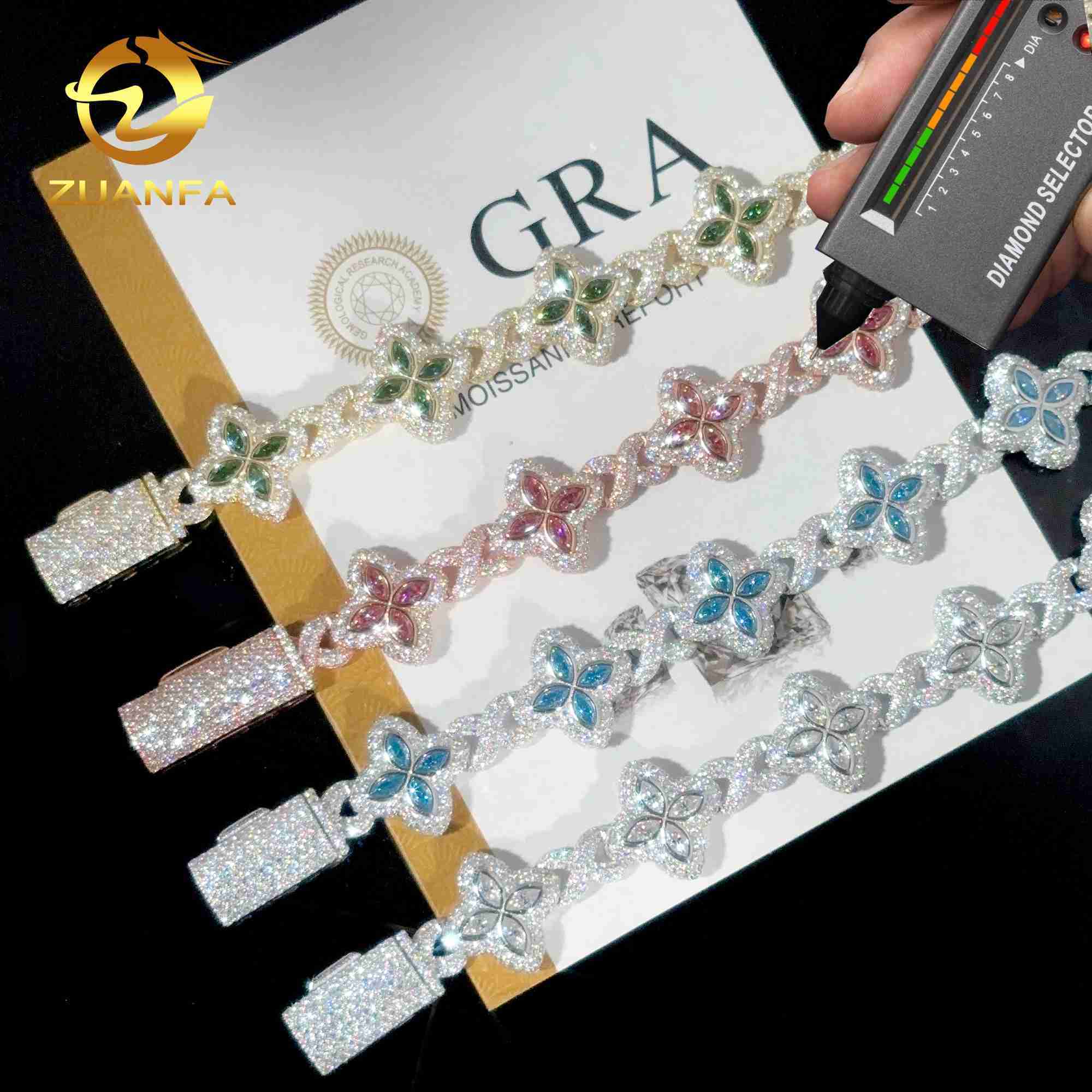 Color Natural Peridot with Moissanite Cuban Link Bracelet 18k white Gold Plated Moissanite Diamond High Quality Hip Hop Bracelet