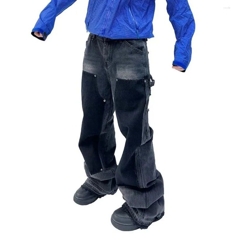 Men's Jeans Y2k Fashion Hip Hop High Street Double Knee Washed Design Rivets Destroyed Tassel Cargo Pocket Men Women Casual Trousers