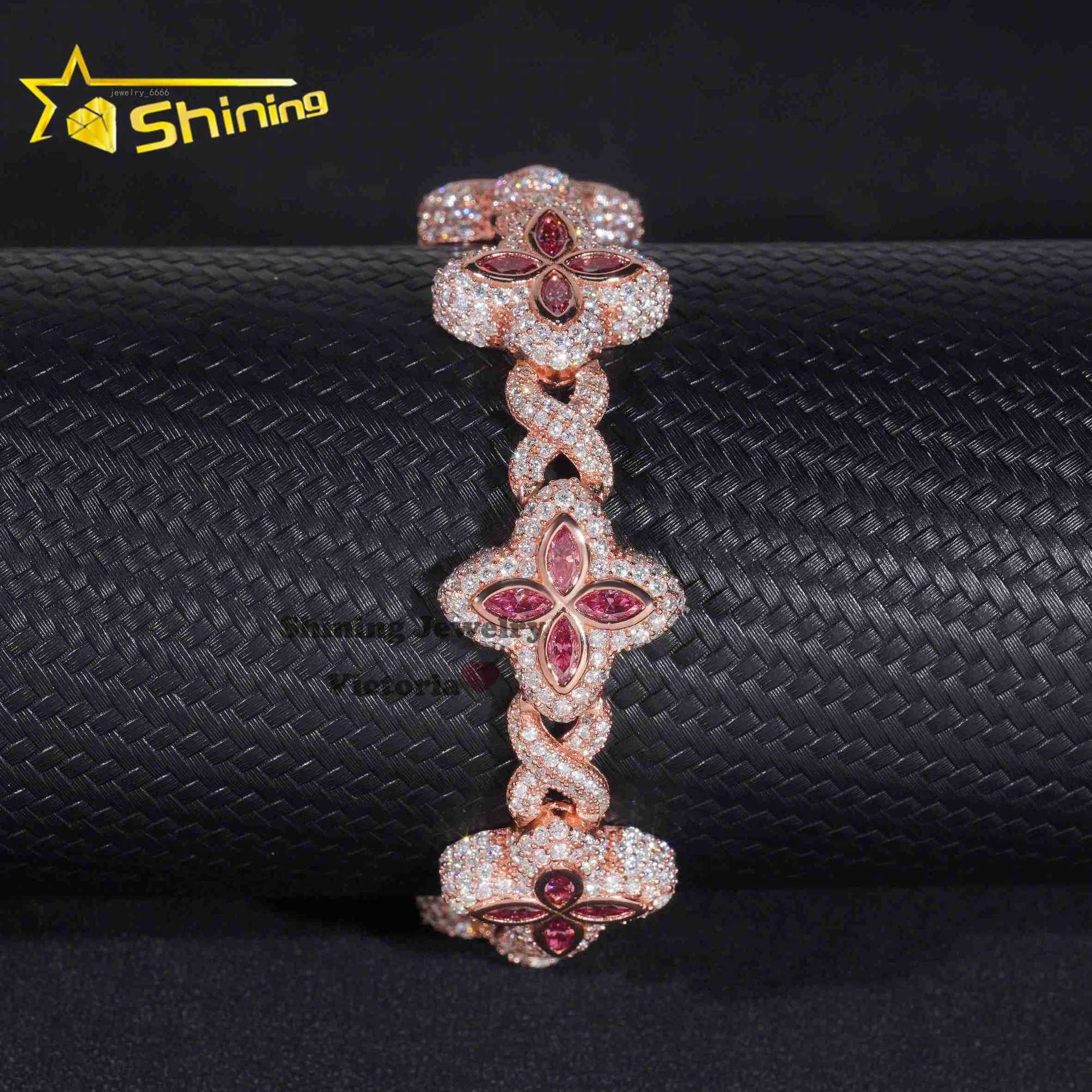 2024 New Arrivals Rose gold Plated Moissanite Men Bracelet With Pink Moissanite Iced Out Infinity Link Clover Cuban Bracelet