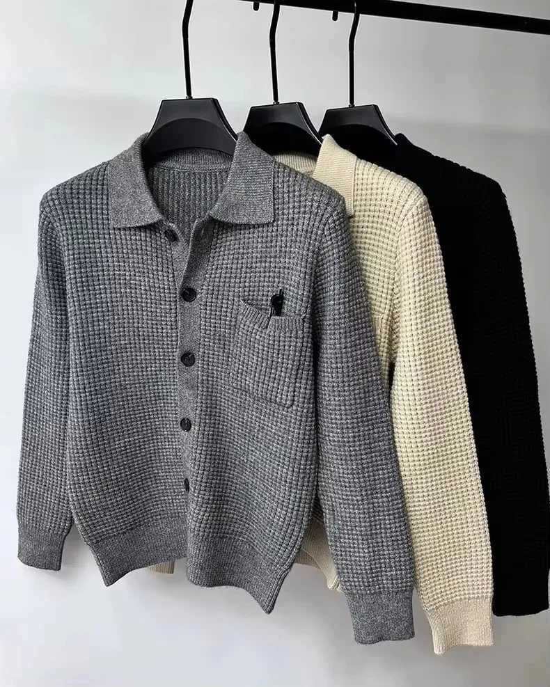 New Arrival High end waffle knit cardigan wool sweater winter new style lapel fashionable pocket Korean style knitted sweater casual solid color jacke