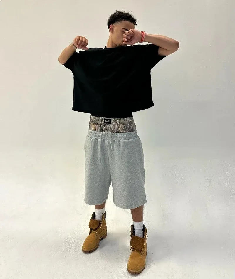 Y2K shorts cotton bag camouflage double waist embroidered sweater shorts Harajuku mens hip-hop high waisted streetwear 241231