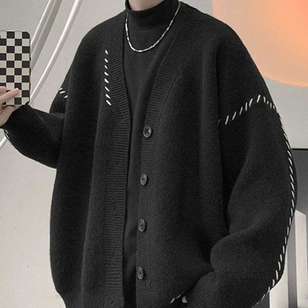 Mens clothing V-neck cardigan wool sweater white knitted mens patch work cute Japanese Harajuku fashion long sleeved super suitable for Korea M250102