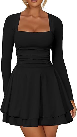 Womens Square Neck Pleated Hem Dress with Waist Cinching Long Sleeved Tight Fitting Short Party Dress
