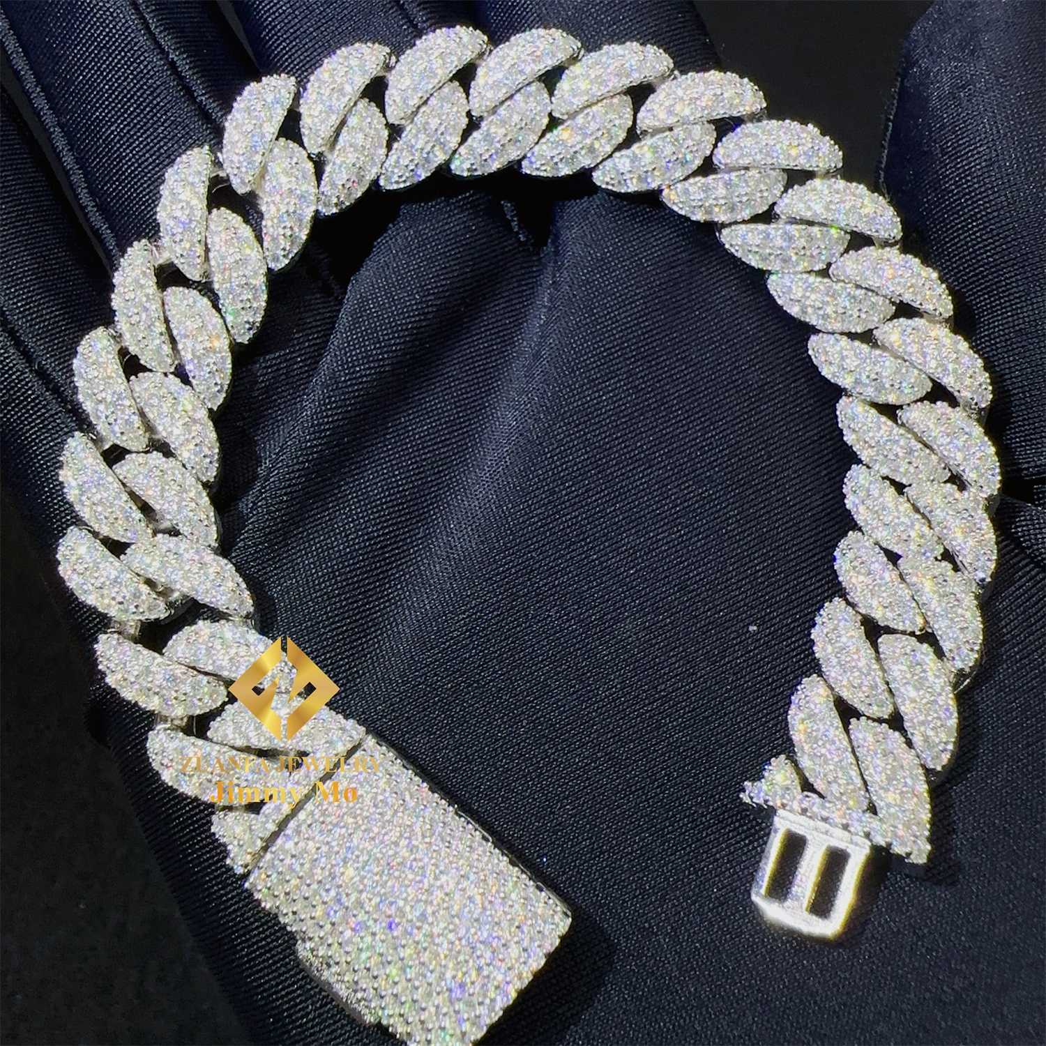12mm Two Row 925 Solid Silver Iced Out Hip Hop Fire Jewelry VVS Moissanite Best Quality Cuban Link Chain Bracelet