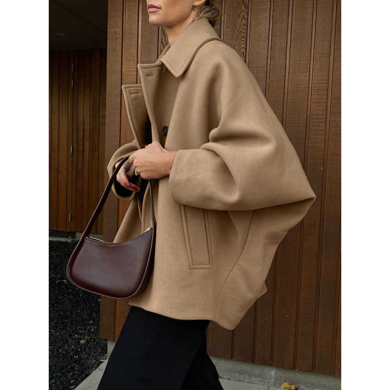 Autumn Fashion High End Brown Woolen Lapel Bat Sleeves Cardigan Coat Minimalist Commuter Womens Wear