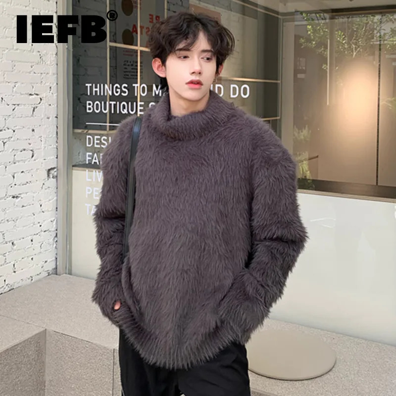 IEFB Turtleneck Men Sweaters Pullover Stylish Plush Solid Color Clothing Male Knitting Tops Korean Style Winter 2024 9C4144 241231