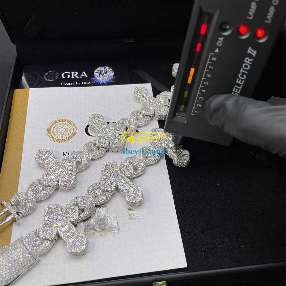 Luxury Cross Design Hip Hop Jewelry 925 Silver Charm Iced Out VVS Baguette Moissanite Cuban Bracelet