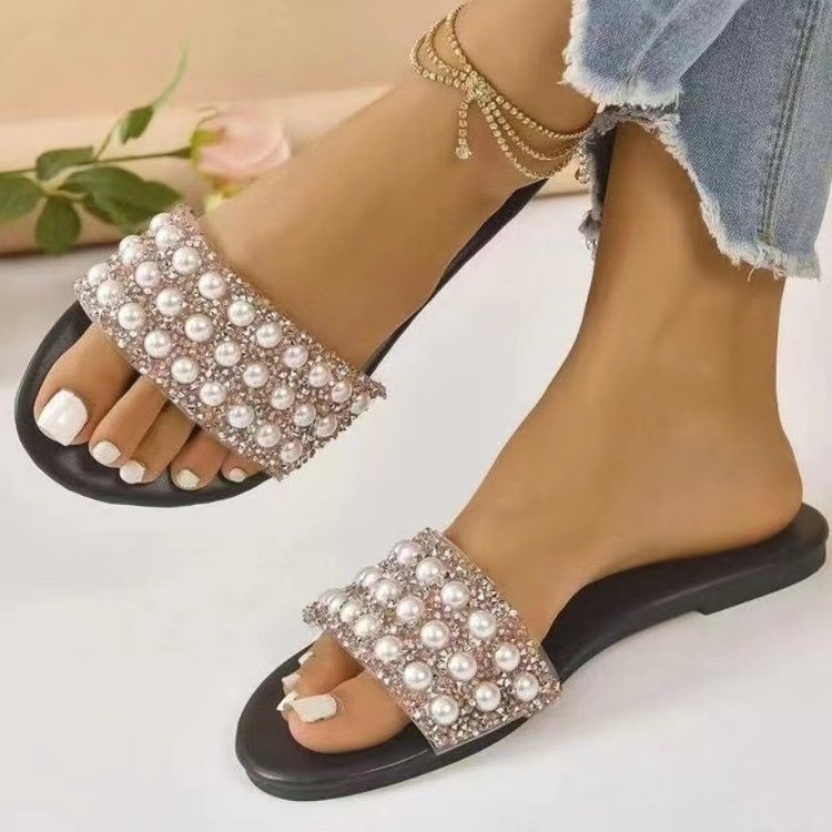 Women Fashion Slippers Pearl Flat Slippers Slip-On Anti-skid Casual Beach Summer Casual Beach Slippers