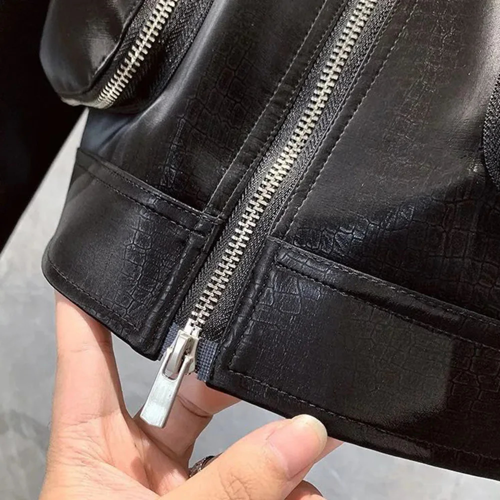 Y2K mens leather jacket pocket button zipper motorcycle leather jacket autumn casual youth trend mens Korean clothing 241230