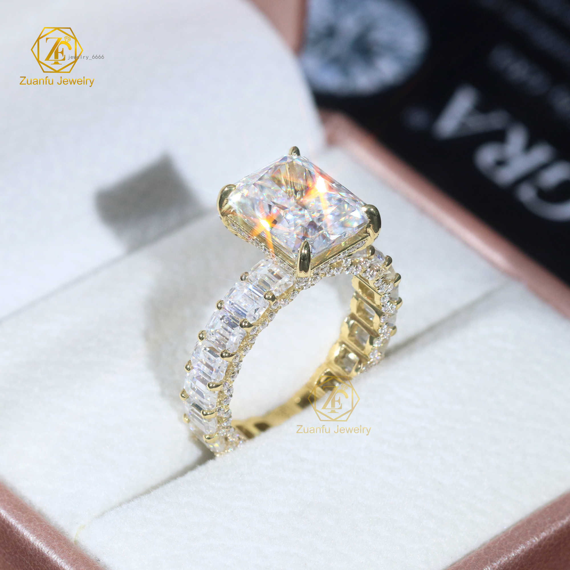 14K Solid Gold Moissanite Diamond Design 9x11mm Radiant Cut and 3x4mm Emerald Cut Full Band Wedding Engagement Ring