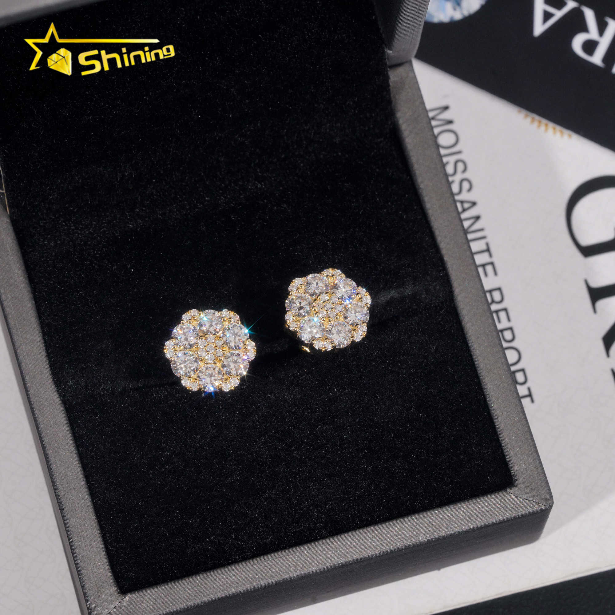 Fine Jewelry Flower Design Screw Back Ear Studs Iced Out 925 Sterling Silver Gold Plated Moissanite Stud Earrings Ready To Ship