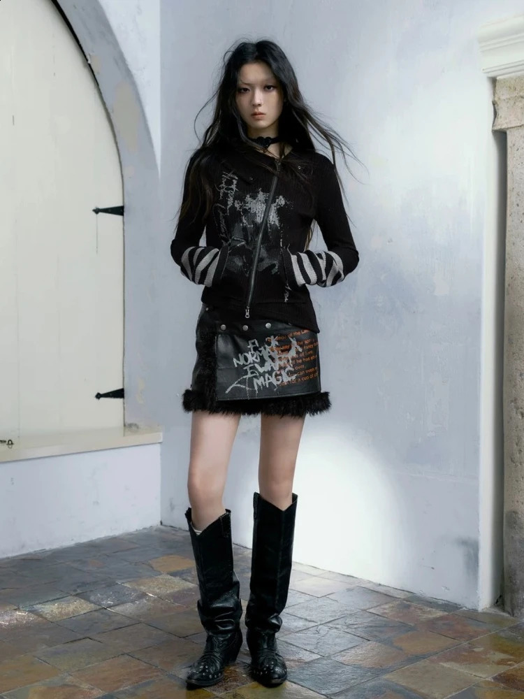 HOUZHOU Gothic Retro Punk Hoodie Womens Retro Grunge Y2k Graphic Stripe Splicing Work Zipper Triptop Spring Fashion 241231